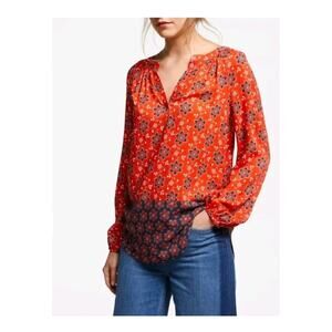Boden Maya Floral Blood Orange Navy Peasant Blouse